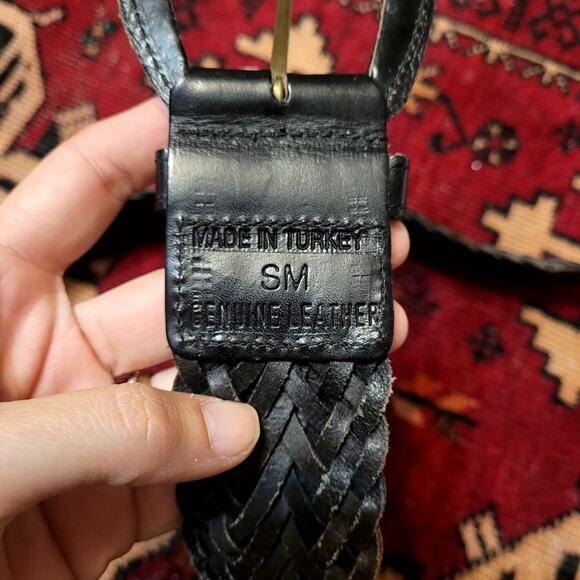 Black Leather Braided Woven Wide Waist Belt Sz S/M - Picture 2 of 3